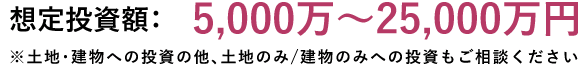 想定投資額：5,000万～25,000万円 ※土地・建物への投資の他、土地のみ/建物のみへの投資もご相談ください